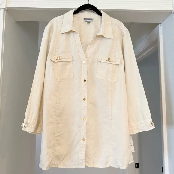 JM Collection 100% Linen Cream Gold Button Down Long Sleeve Blouse Sz 20W NWT - Picture 1 of 12